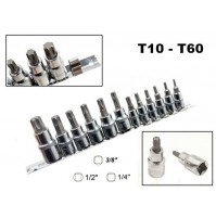 SET 12 CHIAVI BUSSOLA TORX MASCHIO T10 - T60 ATTACCO 1/4 3/8 1/2 CHROME VANADIUM